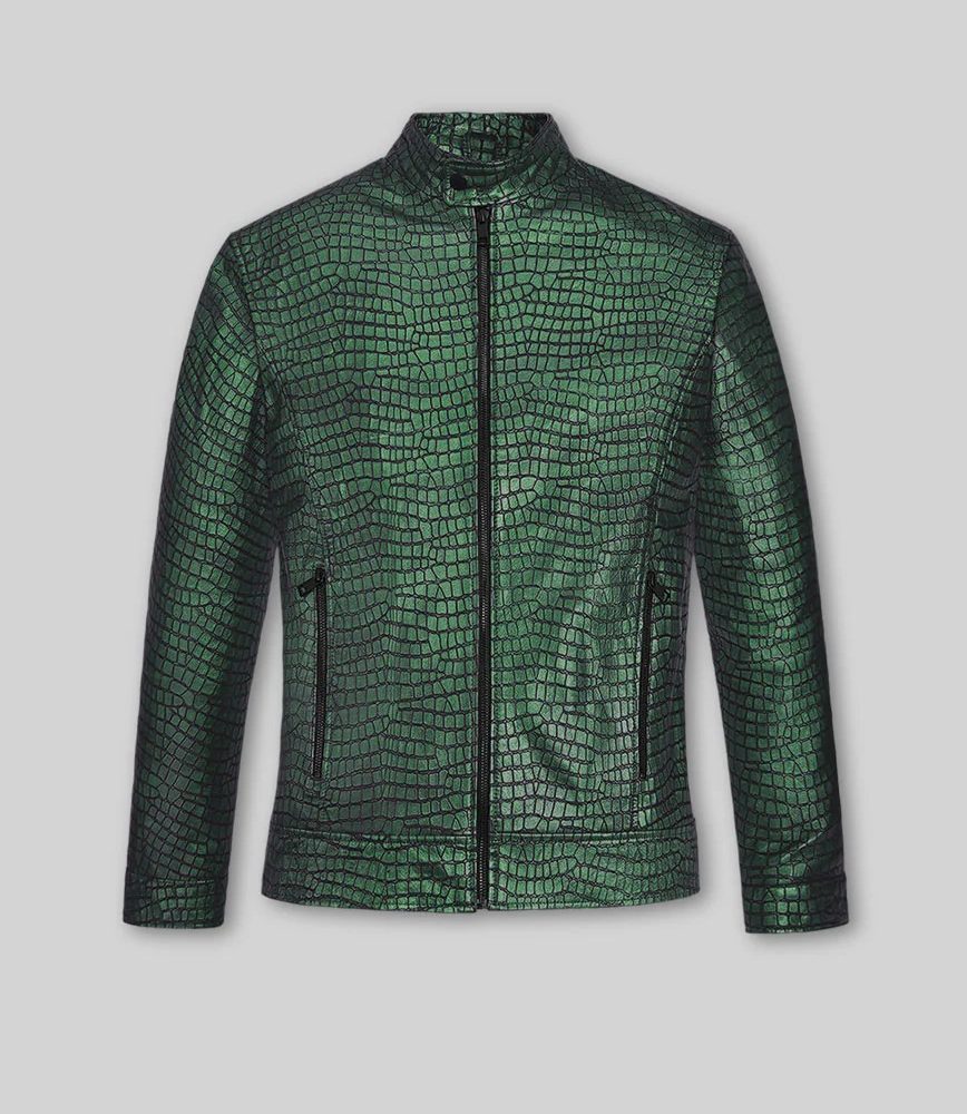 Gleaming Croc Metallic Green Leather Jacket